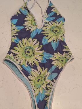 aerie Navy One-Piece Swimsuit with Lime & Aqua Floral Print